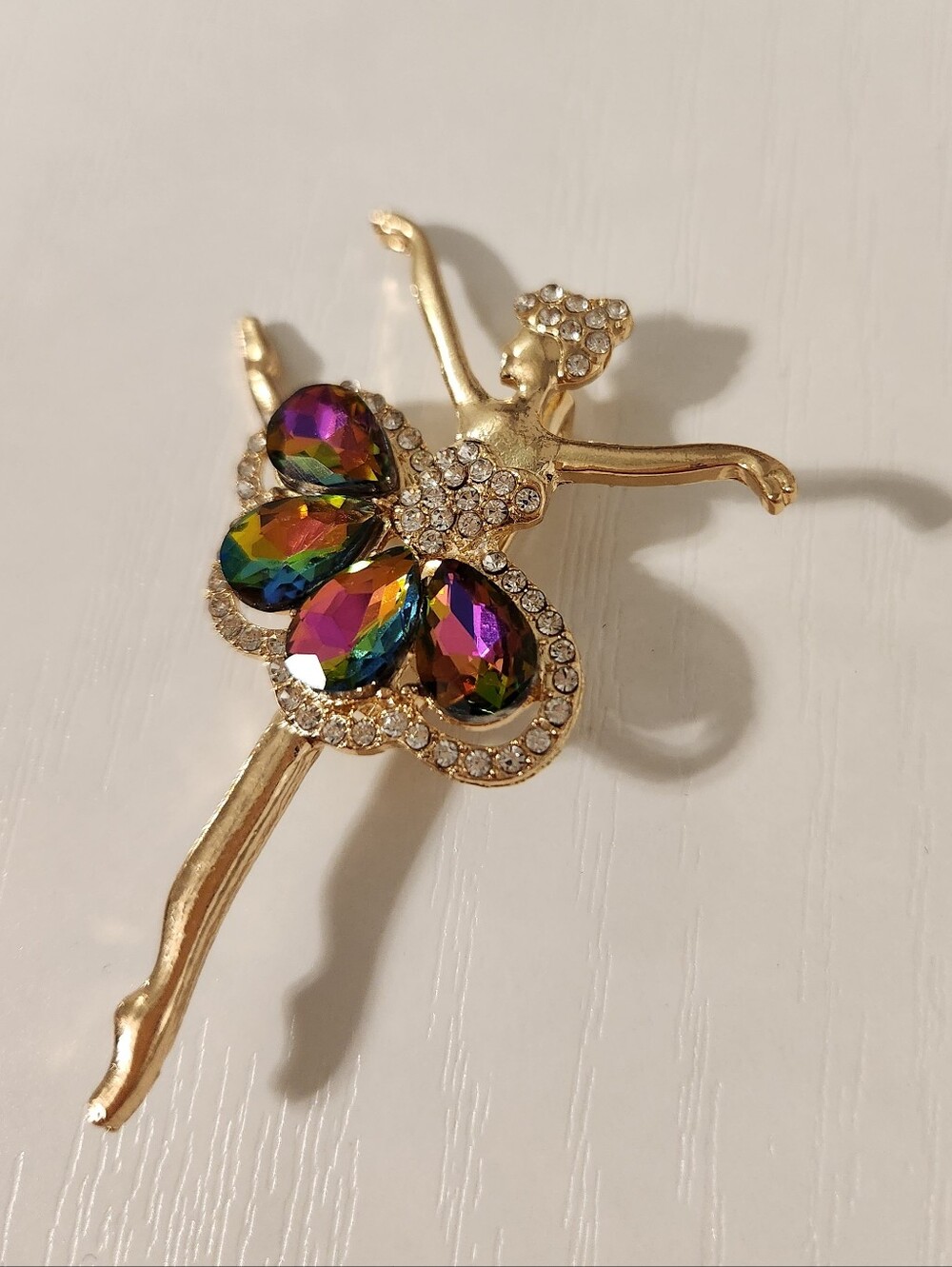 Gold Ballerina Brooch with Multicolor Crystal Skirt And Rhinestone Bodice